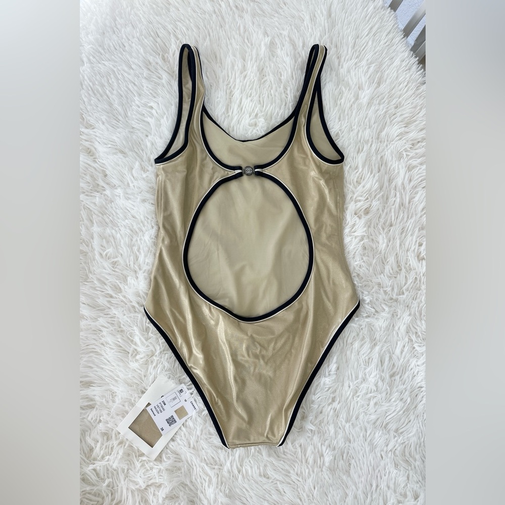 CHANEL Gold Metallic Swimsuit with Black Trim - Picture 2 of 6